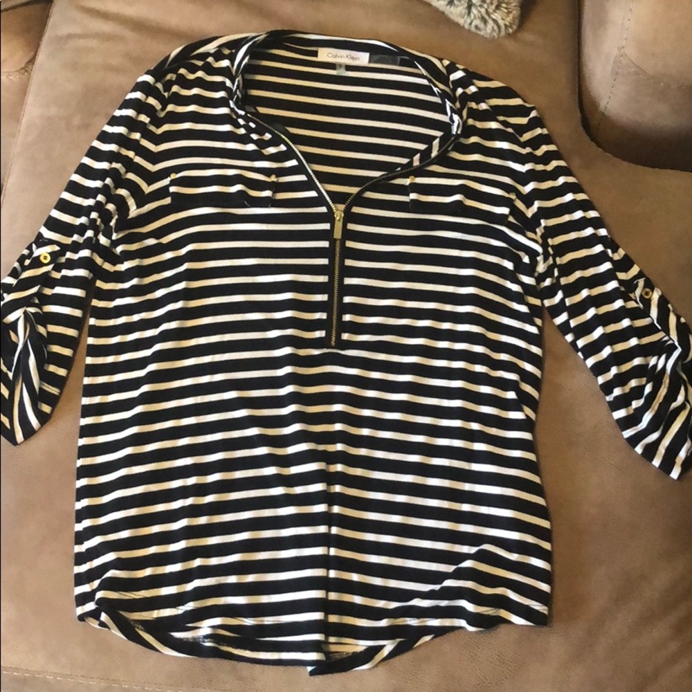 Striped zip front blouse